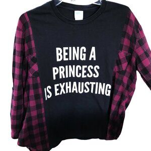 Reworked Flannel Tee, Size M-L: Upcycled Oversized Princess Graphic Pullover